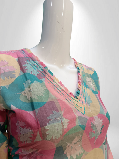 Pastel Bloom V-Neck Kurti