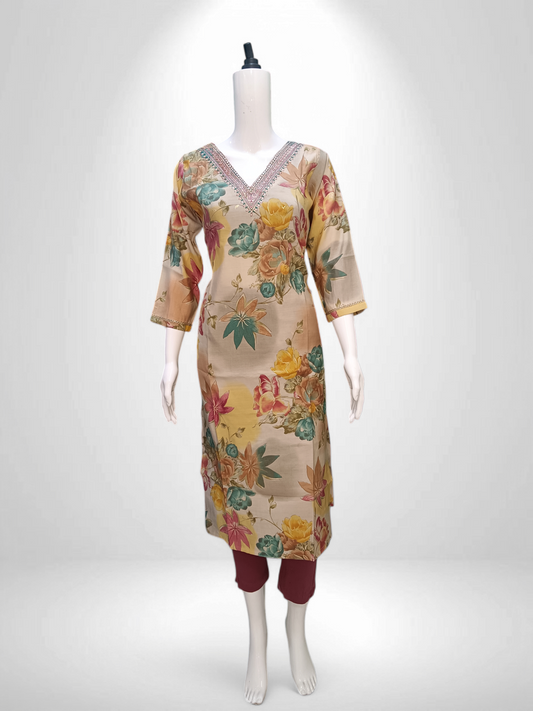 Floral Grace V-Cut Neck Straight Kurti