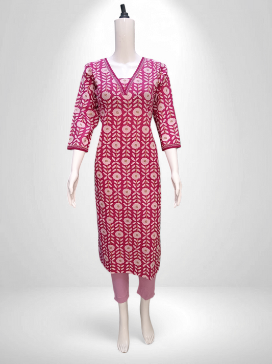 Pink with white flower printed V-Cut design kurti